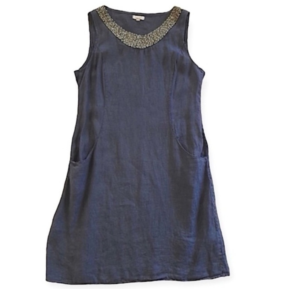 Lina Tomei Small Linen Blue Sleeveless Dress Embellished Neckline Made in Italy